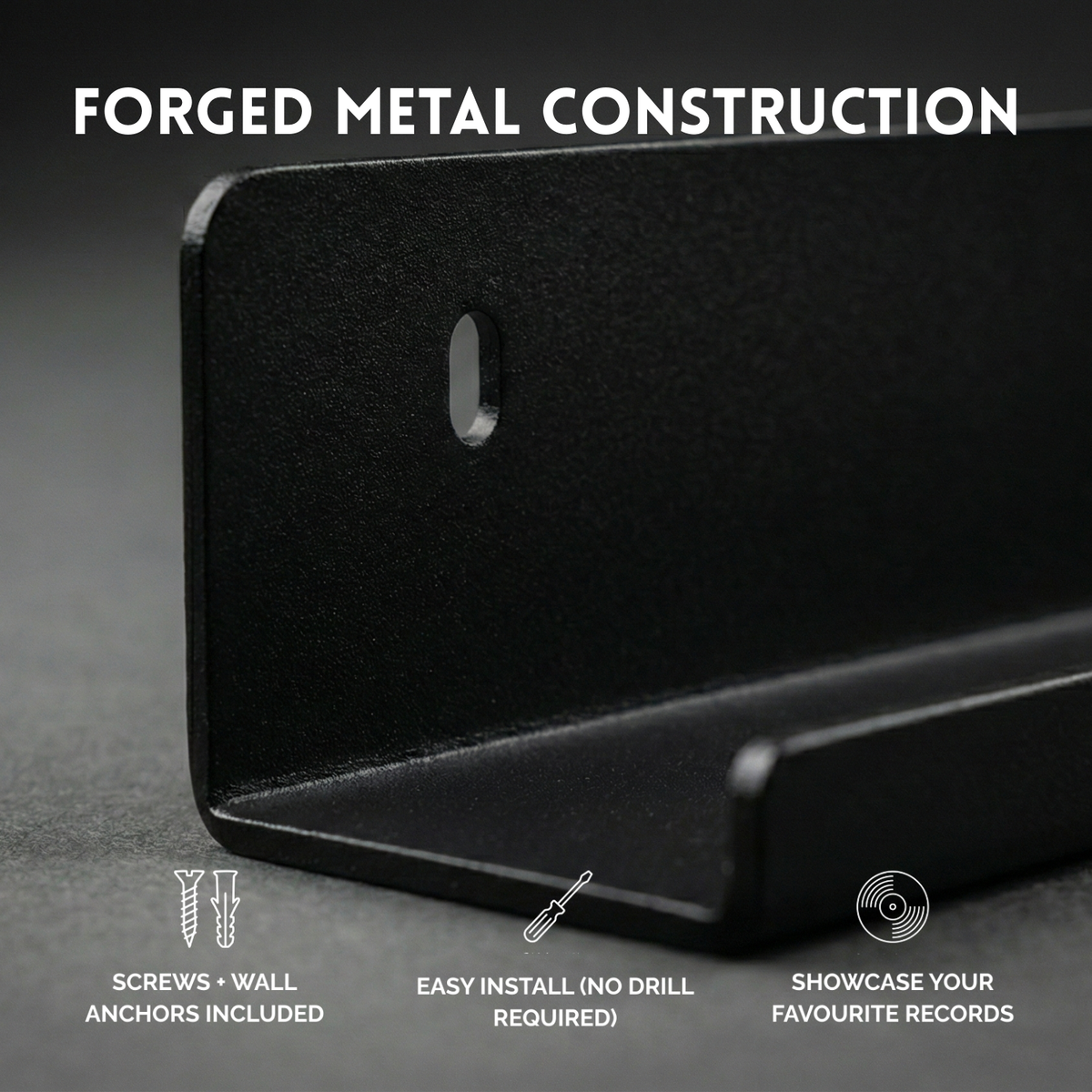Black Metal Vinyl Record Floating Shelf - 1 Pack (Blacksmith Rack)