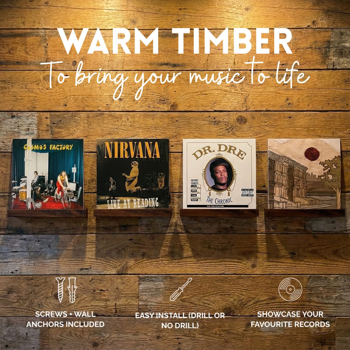 Acacia Wood Vinyl Record Display Shelf - 1 Pack (Craftsman Rack)