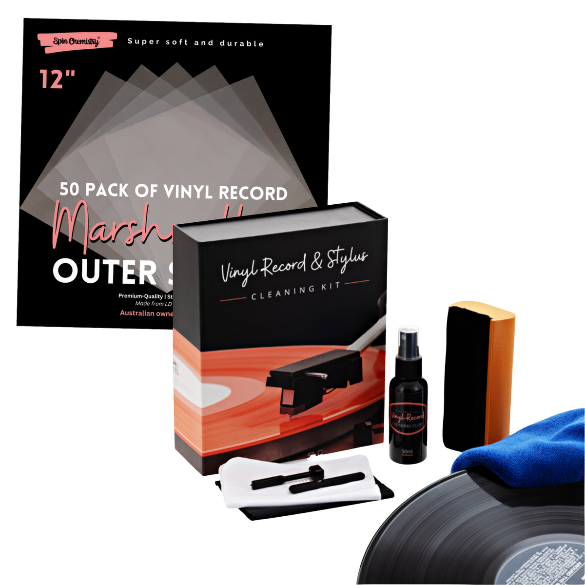 [BUNDLE] 50 Pack 12" Marshmallow Outer Sleeves + Complete Record Cleaning Kit